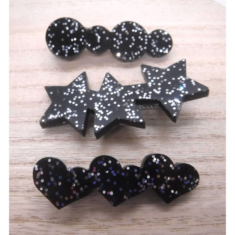 Barrettes Set of 3 Black w/ Silver Glitter